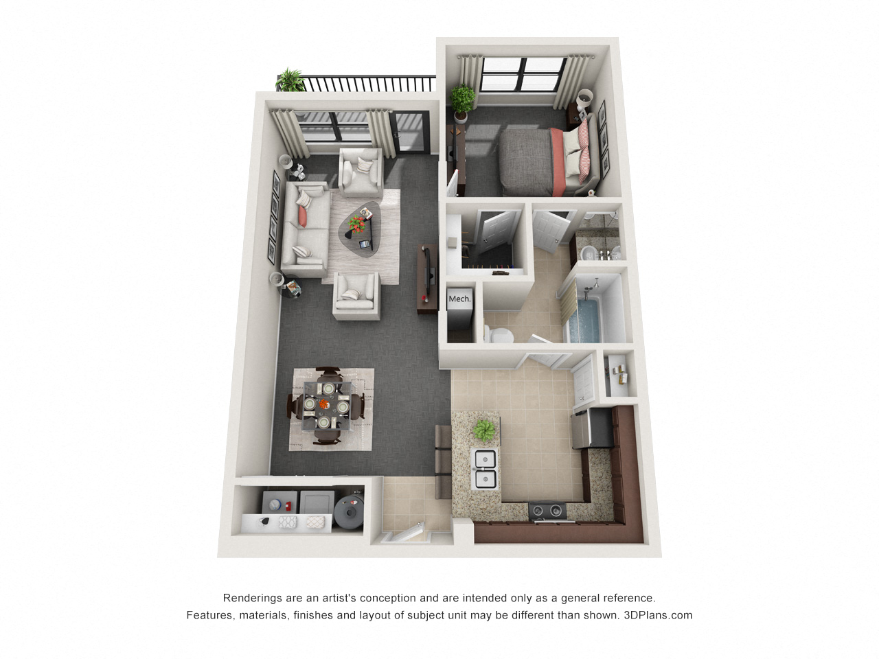 Floor plan for 1 bed, 1 bath, 706 sqft